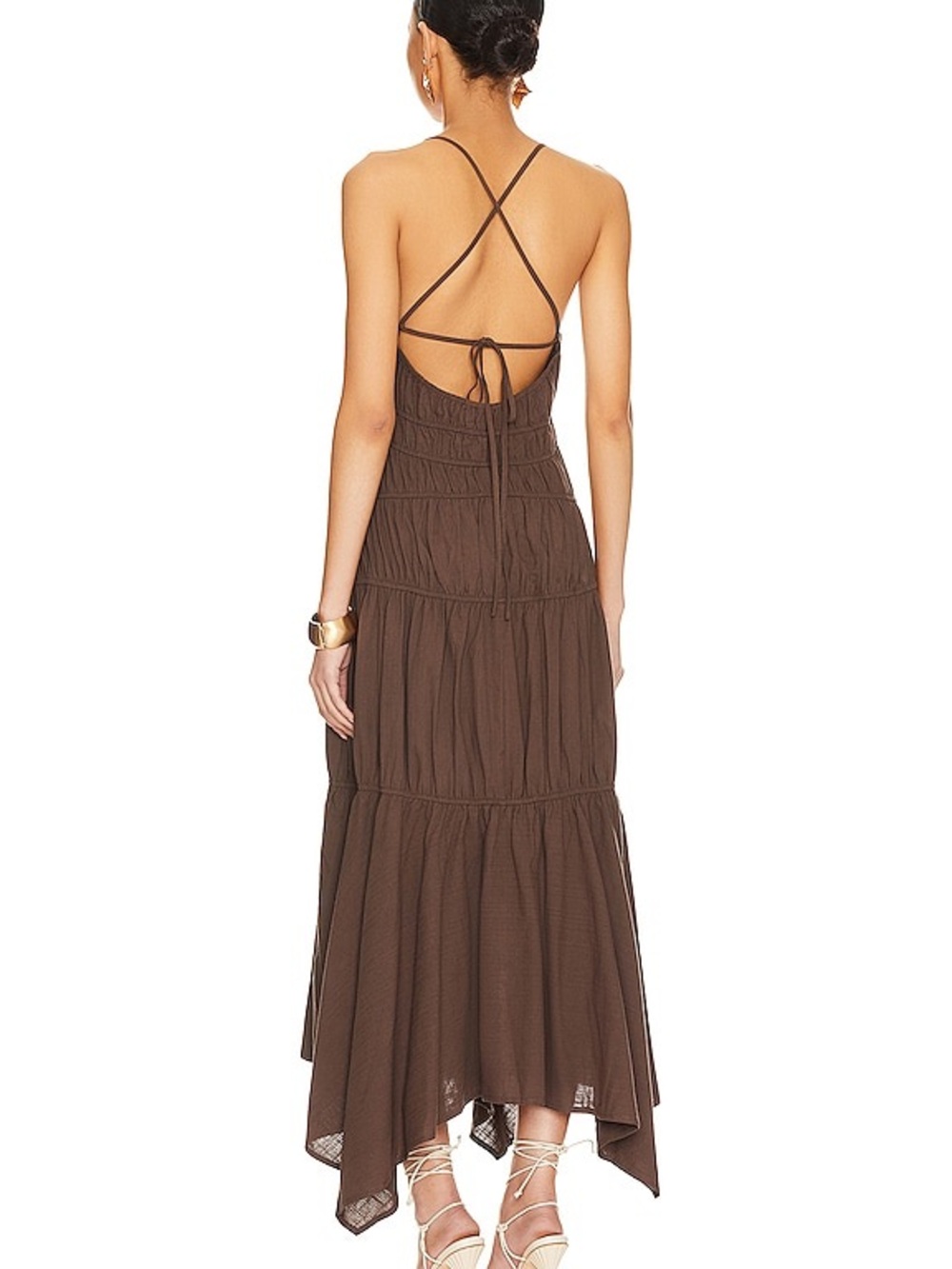 SNDYS Tahlia Dress Brown Spaghetti-Strap Midi Dress with Smocked Bodice Sz Small - Picture 3 of 8